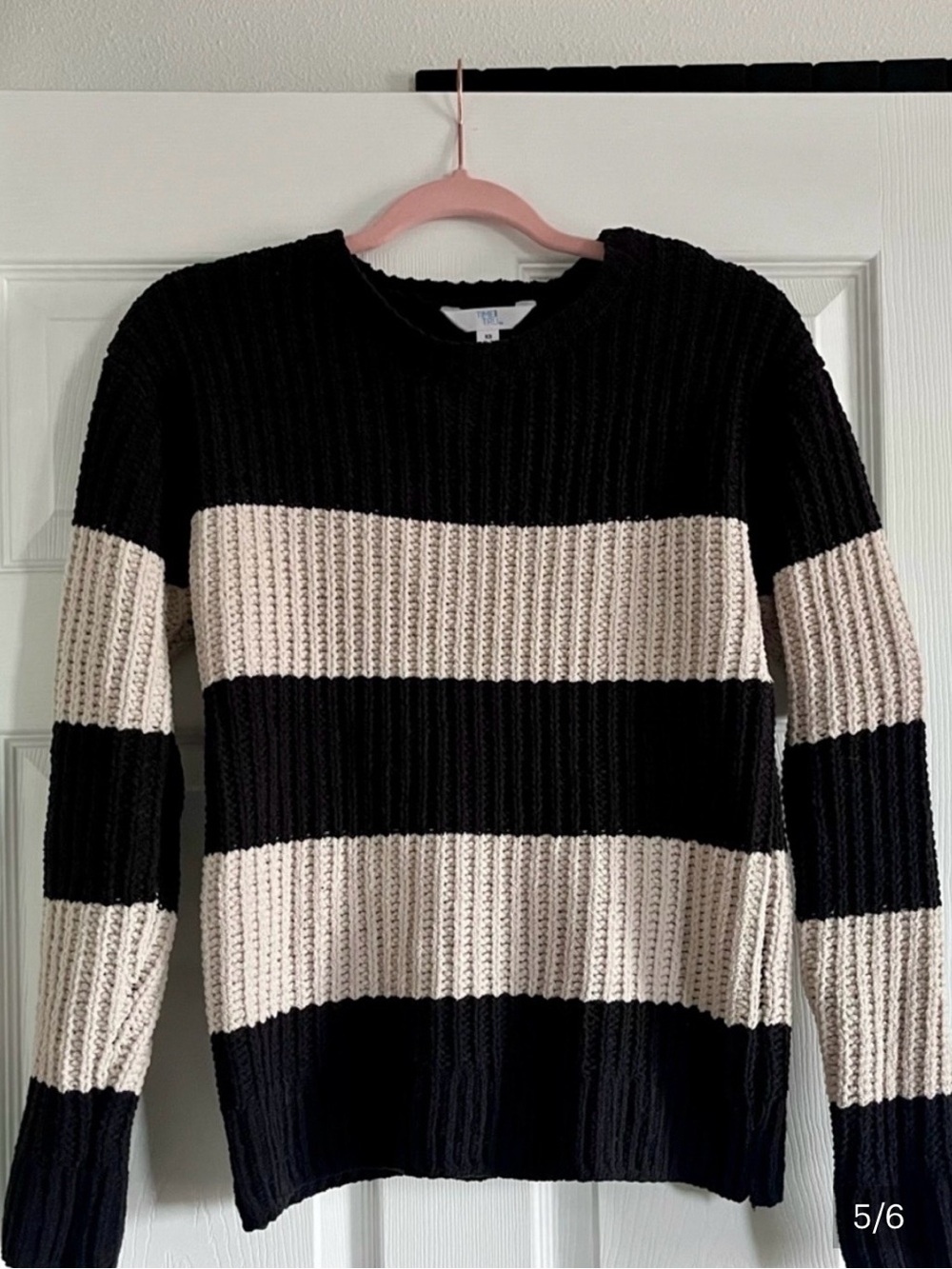 Women’s Black and Cream Striped Rib-Knit Chenille Sweater